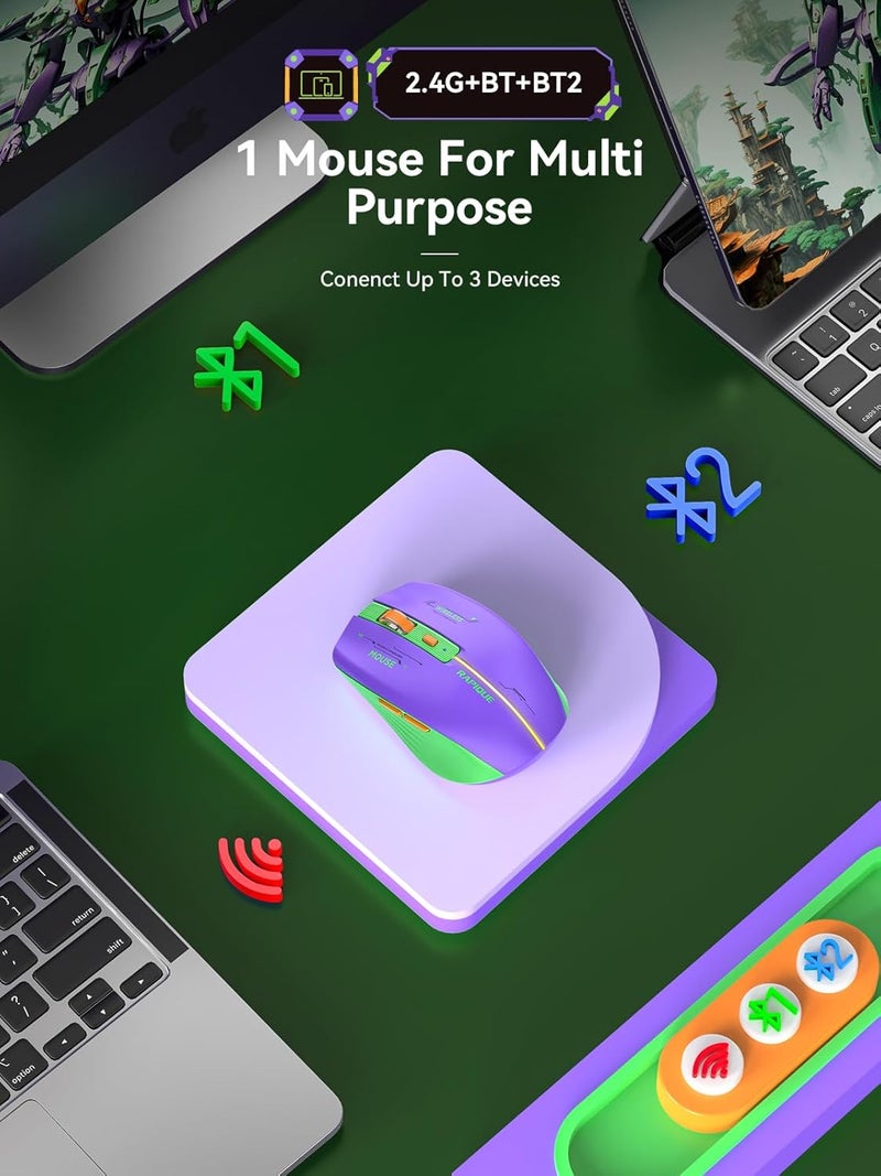 RAPIQUE Bluetooth Wireless Mouse - (BT1/BT2+USB Receiver) Dual Mode, Rechargeable, Quiet Click, Multi-Device Compatibility for Laptop, Computer, MacBook, Tablet (Purple and Green) - Image 2
